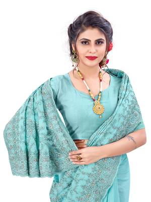 Sky blue plain chiffon saree with blouse 2