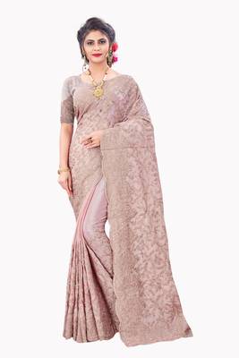 Pink plain chiffon saree with blouse 1