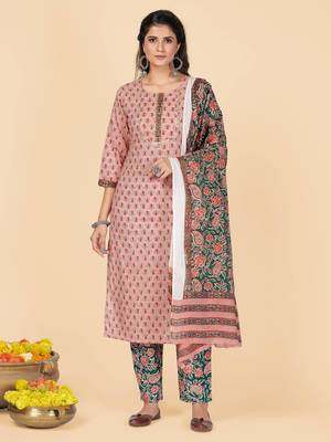 Peach Sequience Cotton Work Straight Stitche Kurta Pant With Dupatta 1