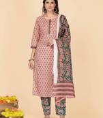 Peach Sequience Cotton Work Straight Stitche Kurta Pant With Dupatta