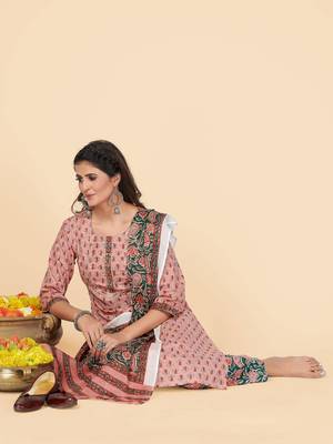 Peach Sequience Cotton Work Straight Stitche Kurta Pant With Dupatta 2