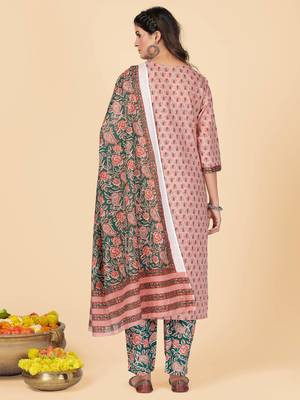 Peach Sequience Cotton Work Straight Stitche Kurta Pant With Dupatta 3