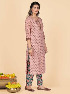 Peach Sequience Cotton Work Straight Stitche Kurta Pant With Dupatta 5