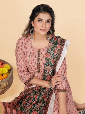 Peach Sequience Cotton Work Straight Stitche Kurta Pant With Dupatta 6