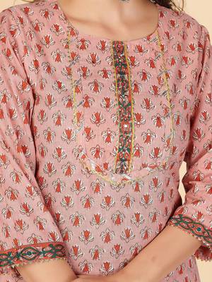 Peach Sequience Cotton Work Straight Stitche Kurta Pant With Dupatta 7