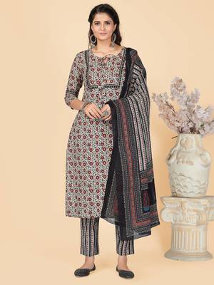 Beige Hand Work Cotton Straight Stitched Kurta Pant With Dupatta 1