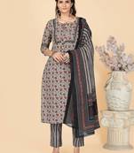 Beige Hand Work Cotton Straight Stitched Kurta Pant With Dupatta