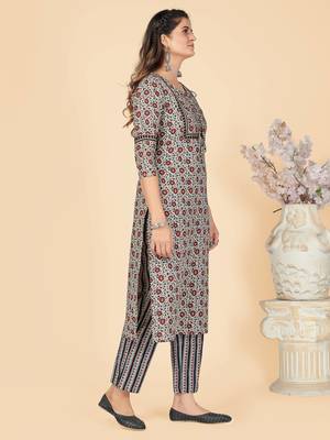 Beige Hand Work Cotton Straight Stitched Kurta Pant With Dupatta 5