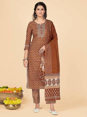 Brown Embroidered Cotton Straight Stitched Kurta Pant With Dupatta 1