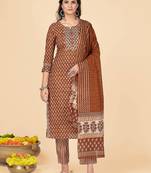 Brown Embroidered Cotton Straight Stitched Kurta Pant With Dupatta