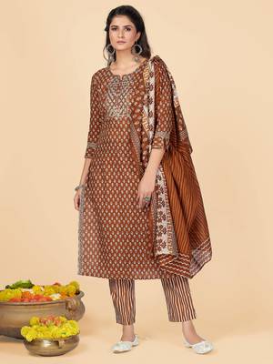 Brown Embroidered Cotton Straight Stitched Kurta Pant With Dupatta 2