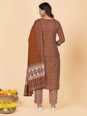 Brown Embroidered Cotton Straight Stitched Kurta Pant With Dupatta 3