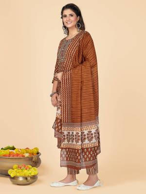 Brown Embroidered Cotton Straight Stitched Kurta Pant With Dupatta 4