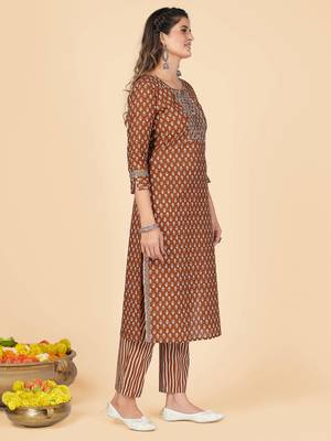 Brown Embroidered Cotton Straight Stitched Kurta Pant With Dupatta 5