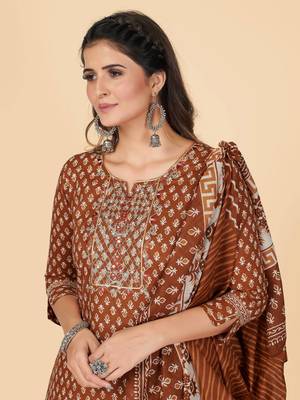Brown Embroidered Cotton Straight Stitched Kurta Pant With Dupatta 6