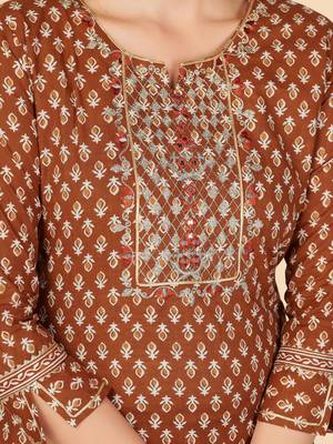 Brown Embroidered Cotton Straight Stitched Kurta Pant With Dupatta 7