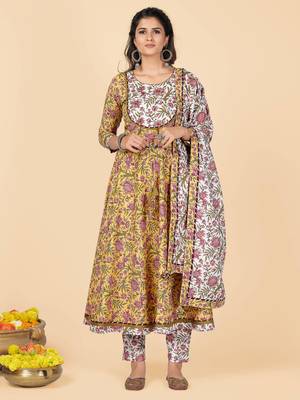 Yellow Hand Work Cotton Anarkali Stitched Kurta Pant With Dupatta 1