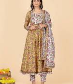 Yellow Hand Work Cotton Anarkali Stitched Kurta Pant With Dupatta
