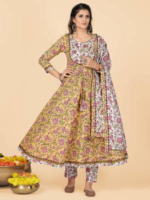 Yellow Hand Work Cotton Anarkali Stitched Kurta Pant With Dupatta 2