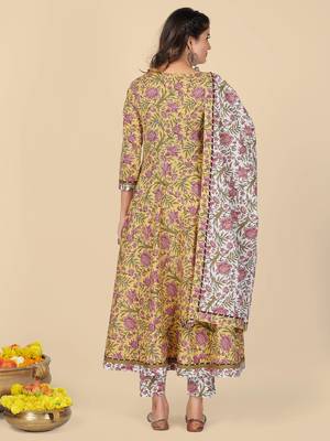 Yellow Hand Work Cotton Anarkali Stitched Kurta Pant With Dupatta 3