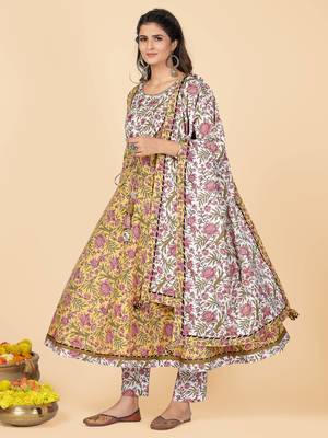 Yellow Hand Work Cotton Anarkali Stitched Kurta Pant With Dupatta 4