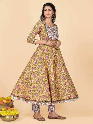 Yellow Hand Work Cotton Anarkali Stitched Kurta Pant With Dupatta 5
