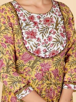 Yellow Hand Work Cotton Anarkali Stitched Kurta Pant With Dupatta 7