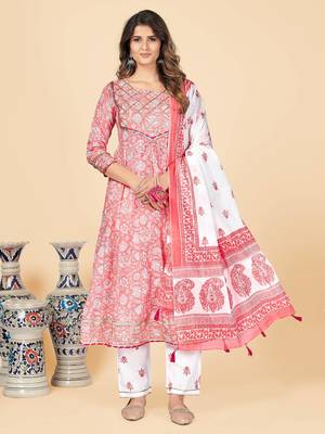 Peach Printed Anarkali Cotton Stitched Kurta Pant With Dupatta 1