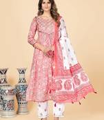 Peach Printed Anarkali Cotton Stitched Kurta Pant With Dupatta
