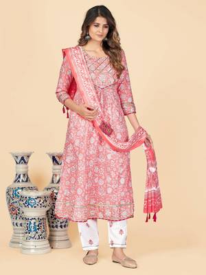 Peach Printed Anarkali Cotton Stitched Kurta Pant With Dupatta 2