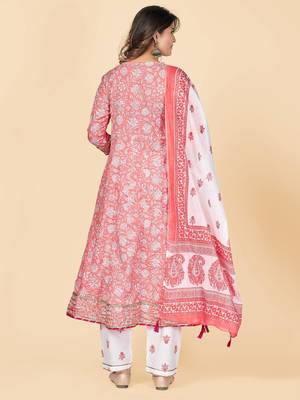 Peach Printed Anarkali Cotton Stitched Kurta Pant With Dupatta 3