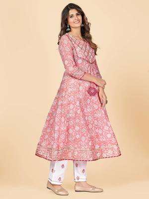 Peach Printed Anarkali Cotton Stitched Kurta Pant With Dupatta 5