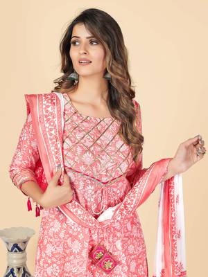 Peach Printed Anarkali Cotton Stitched Kurta Pant With Dupatta 6