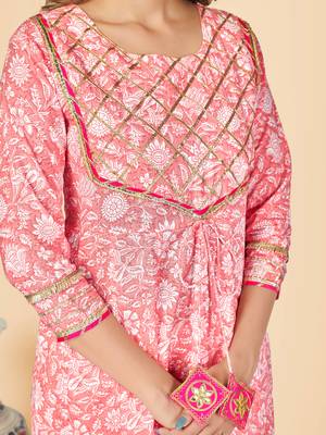 Peach Printed Anarkali Cotton Stitched Kurta Pant With Dupatta 7