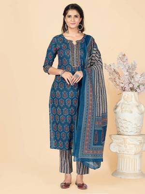 Blue Sequience Work Cotton Straight Stitched Kurta Pant With Dupatta 1