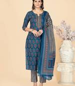 Blue Sequience Work Cotton Straight Stitched Kurta Pant With Dupatta