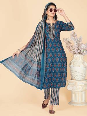 Blue Sequience Work Cotton Straight Stitched Kurta Pant With Dupatta 2