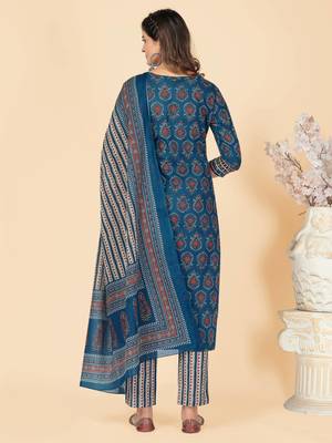 Blue Sequience Work Cotton Straight Stitched Kurta Pant With Dupatta 3