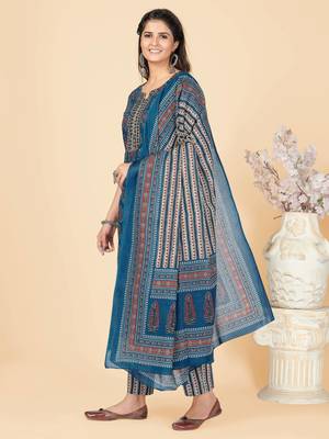 Blue Sequience Work Cotton Straight Stitched Kurta Pant With Dupatta 4