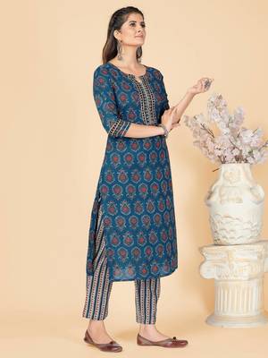 Blue Sequience Work Cotton Straight Stitched Kurta Pant With Dupatta 5