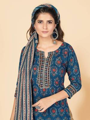 Blue Sequience Work Cotton Straight Stitched Kurta Pant With Dupatta 6
