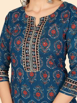 Blue Sequience Work Cotton Straight Stitched Kurta Pant With Dupatta 7