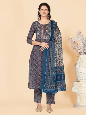 Blue Hand Work Cotton Straight Stitched Kurta Pant With Dupatta 1