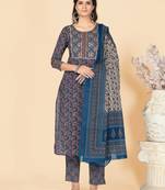Blue Hand Work Cotton Straight Stitched Kurta Pant With Dupatta