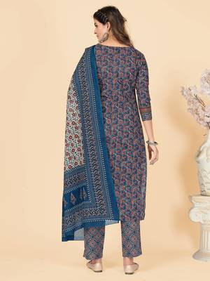 Blue Hand Work Cotton Straight Stitched Kurta Pant With Dupatta 3
