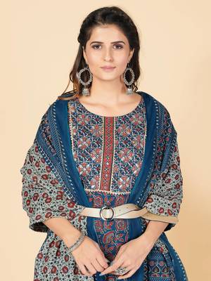 Blue Hand Work Cotton Straight Stitched Kurta Pant With Dupatta 6