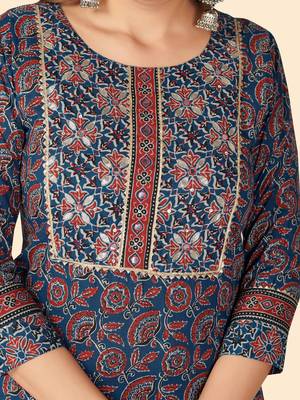 Blue Hand Work Cotton Straight Stitched Kurta Pant With Dupatta 7