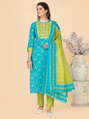 Sky Blue Embroidered Cotton Straight Kurta Pant With Dupatta 1