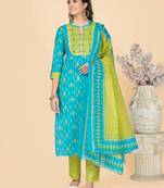 Sky Blue Embroidered Cotton Straight Kurta Pant With Dupatta