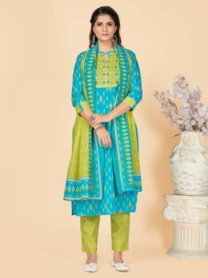 Sky Blue Embroidered Cotton Straight Kurta Pant With Dupatta 2